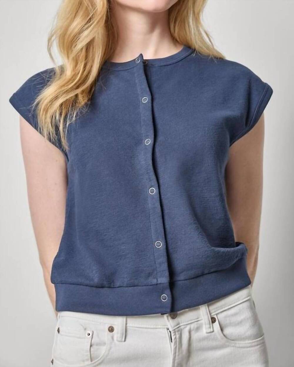 NEW LILLA P textured terry sleeveless cardigan in navy